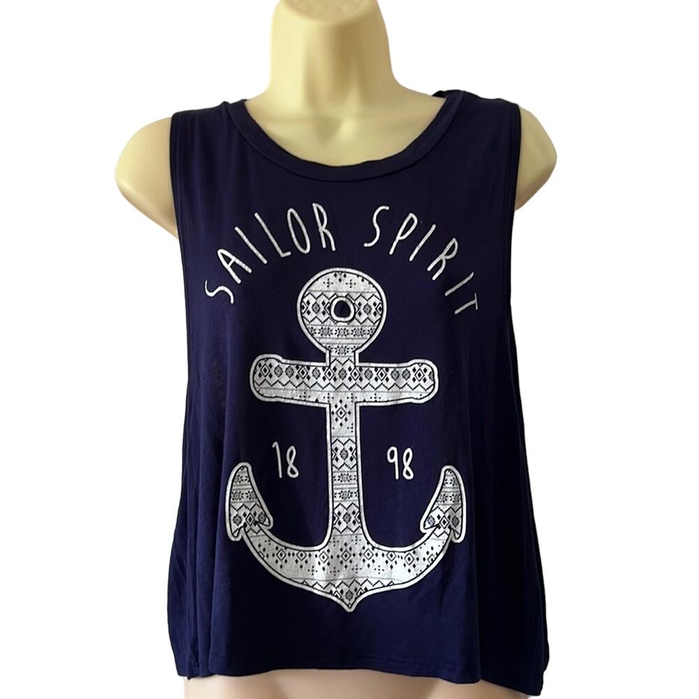 Kona Navy Blue Knit Tank Top with White Anchor “Sailor Spirit “ Woman Size Large